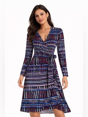 BCBGMAXAZRIA Abstract Wrap Dress Long Sleeve Medium